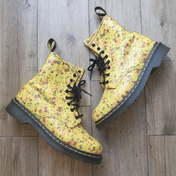 Dr. Martens Shoes - Rare Dr. Martens 1460 W Boots Sun Yellow Little Flowers Floral 8